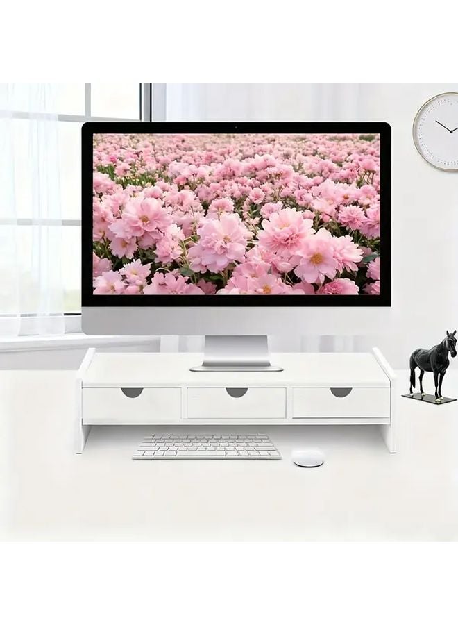 White Adjustable Height Monitor Stand With Storage Drawers Shelves Desk Organizer - Image 5
